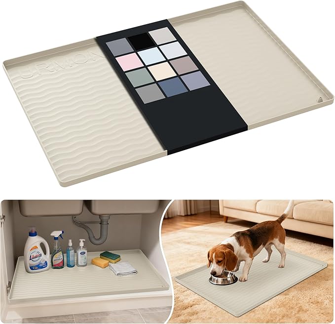 URMONA Waterproof Silicone Under Sink Mat 28'' x 19'' Shelf Liner for Kitchen and Bathroom, Cabinet and Counter Protector, Storage and Organizers, Litter Mat, Pet Cat Puppy Essentials(Cream)