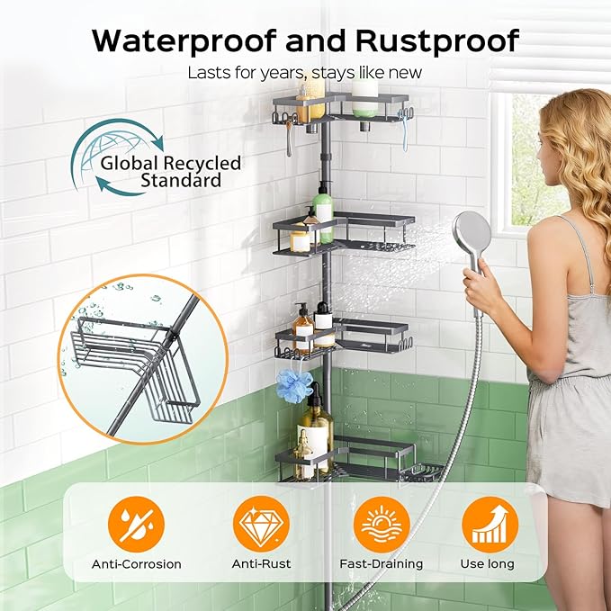 HAMITOR Corner Bathroom Shower Caddy: 4-Tier Rustproof Shampoo Organizer Shelf with Soap Holder - No-Drill Adjustable Standing Tension Pole Rack for Family Homeowners - Space-Saving - 47-123 Inch Gray