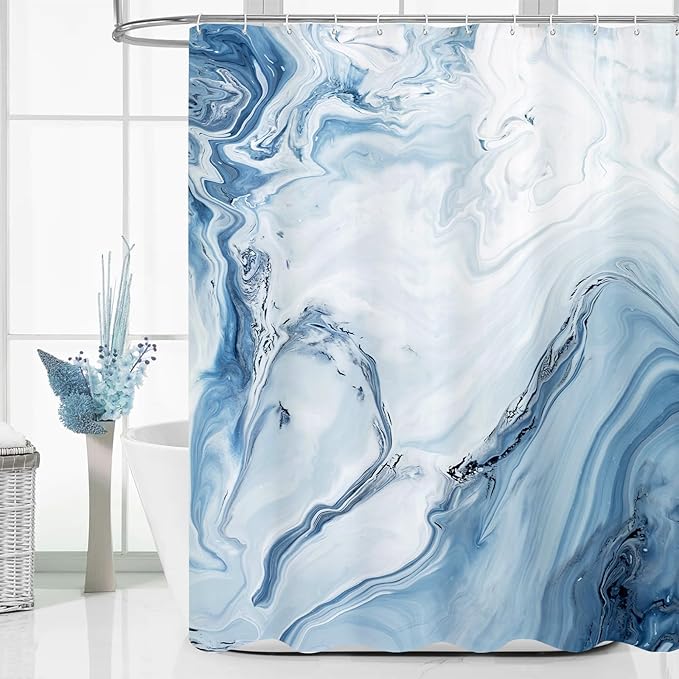 MitoVilla Blue Marble Extra Long Shower Curtain Set 72 x 84, Modern Ombre 84 inch XL Shower Curtains for Chic Bathroom Decor, Abstract Watercolor Fabric Shower Curtain