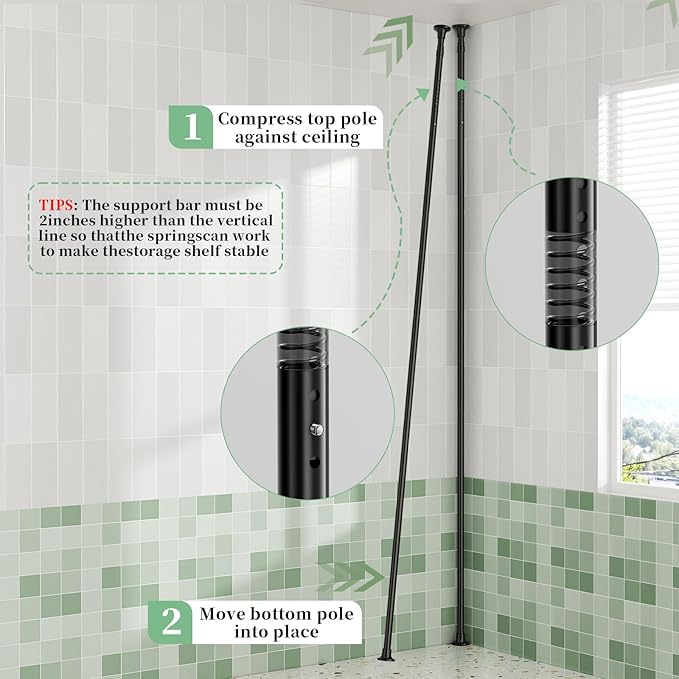 Tension Pole Shower Caddy Organizer with4 Tier L-Shaped Rust Resistant Bathroom Corner Shelves with 34-124 Inch Adjustable No Drilling Quick Install Shower Rack for Bath Essentials (Black)