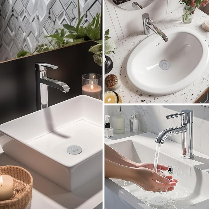 Hibbent 2 Pack 3 in 1 Bathroom Sink Drain Strainer, Universal Pop Up Stopper with Removable Stainless Steel Filter Basket Hair Catcher, Sink Plug for 1.1''~2.36'' Basin, Brass Bullet Core, Chrome