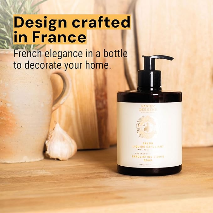 Panier des Sens - Liquid Hand Soap – Honey Exfoliating Hand Wash - French Marseille Moisturizing Soap with Coconut Oil - Refillable Kitchen & Bathroom Hand Soap - 97% Natural Ingredients -16.9 Fl.oz