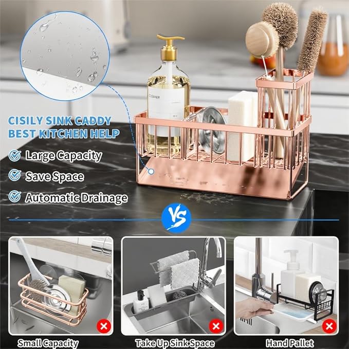 Cisily Sink Caddy Organzier with High Brush Holder, Sponge Holder for Sink, 304 Rustproof Stainless, Kitchen Countertop Soap Dispenser Organizer, Rose Gold Kitchen Decor and Accessories