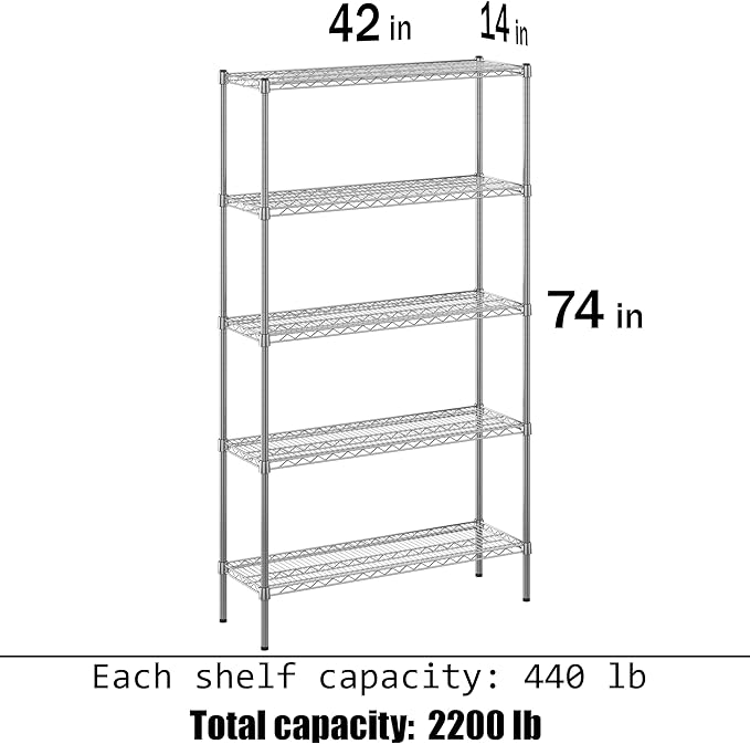 14" Deep x 42" Wide x 74" Height Wire Shelving Kit | 5-Tier | NSF Commercial Storage Rack Unit