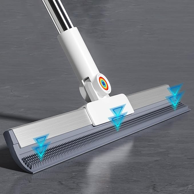 Squeegee Broom for Floor, 18" Heavy Duty Floor Squeegee with Rubber Scrubbing Teeth, 2-in-1 Magic Silicone Broom for Pet Hair, Dust, Water, Tile and Carpet, 61" Long Handle