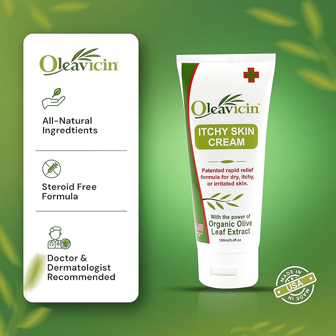Oleavicin Organic Extra Strength Anti-Itch Cream for Dry, Itchy Skin Relief – Natural Fungal & Rash Treatment with Olive Leaf Extract – Fast-Acting, Long-Lasting Itch Relief