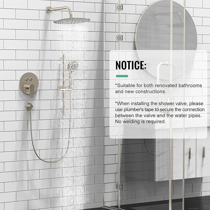 SR SUN RISE Shower System: 10 Inch Rainfall Shower Head with Handheld Combo Set - Slide Bar Bathroom Shower Faucet Set Wall Mounted (Valve and Trim Kit Included) - Brushed Nickel