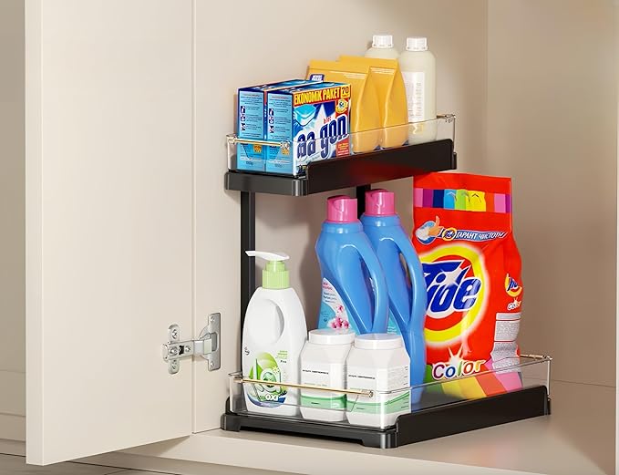 heart & home 1-Pack Under Sink Storage Organizer for Kitchen & Bathroom Cabinets with Removable Washable Tray, Tool-Free Assembly – Multi-Purpose for Kitchen Countertop, Vanity, & Laundry Room，Black