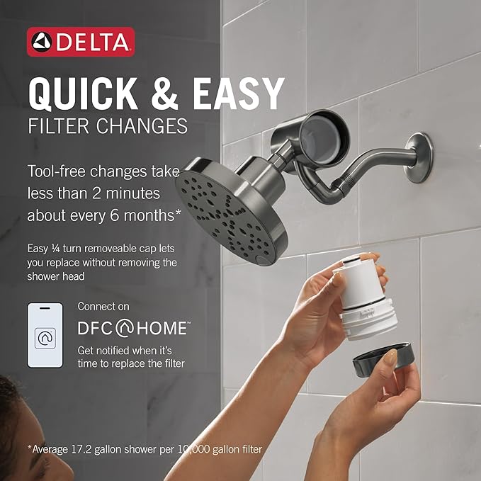 Delta Faucet Clarifi Premium Shower Filter Attachment with Filter, Hard Water Shower Filter, Shower Head Filter, Black Stainless 5SF100-KS