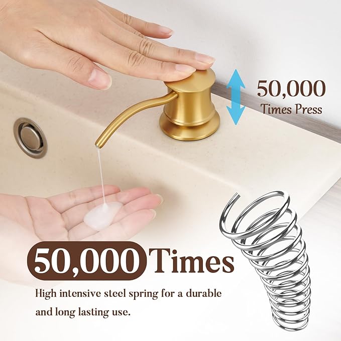 Built in Soap Dispenser for Kitchen Sink Countertop, Solid Brass Pump Head Long Spout with 10.2 Ounce PET Food Safe Material Lotion Bottle, Brushed Gold Finish
