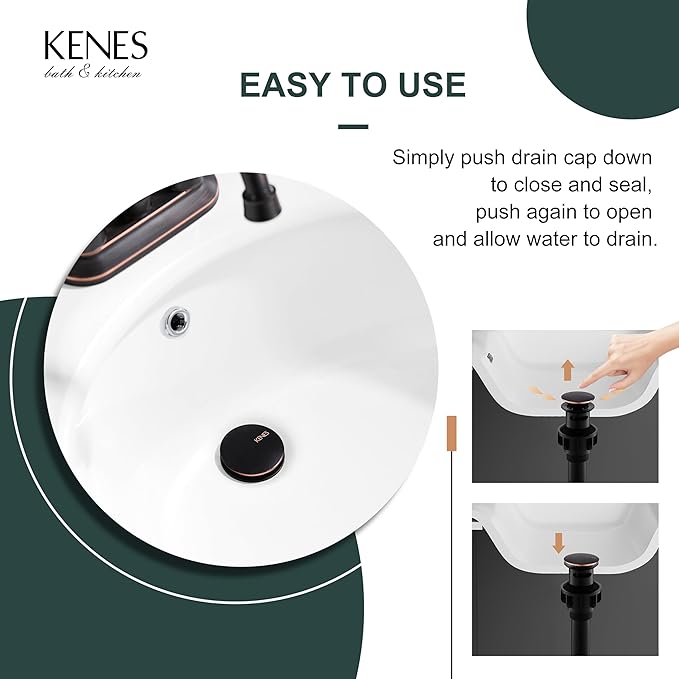 KENES Oil Rubbed Bronze Pop Up Bathroom Sink Drain with Overflow, Lavatory Bathroom Vanity Sink Drain Stopper, Sink Drain Assembly with Overflow Anti Clog Pop Up Drain