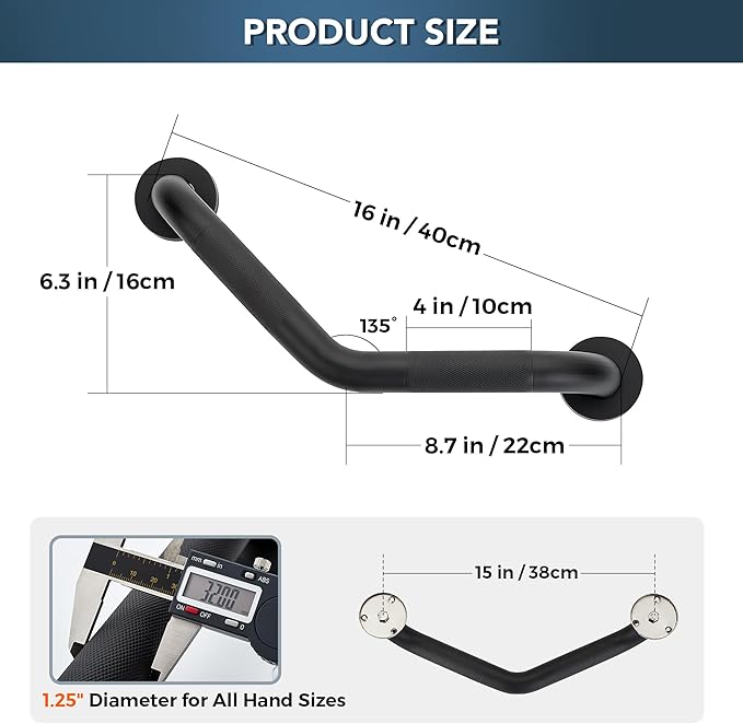 Grab Bars for Bathtubs and Showers- 1-1/4 x 16 Angled Shower Grab Bar for Seniors Knurled Stainless Steel Handicap Grab Bars for Wall (Black, 2 Pack)
