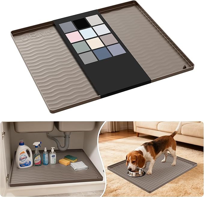 URMONA Waterproof Silicone Under Sink Mat 22'' x 19'' Shelf Liner for Kitchen and Bathroom, Cabinet and Counter Protector, Storage and Organizers, Litter Mat, Pet Cat Puppy Essentials(Beige)