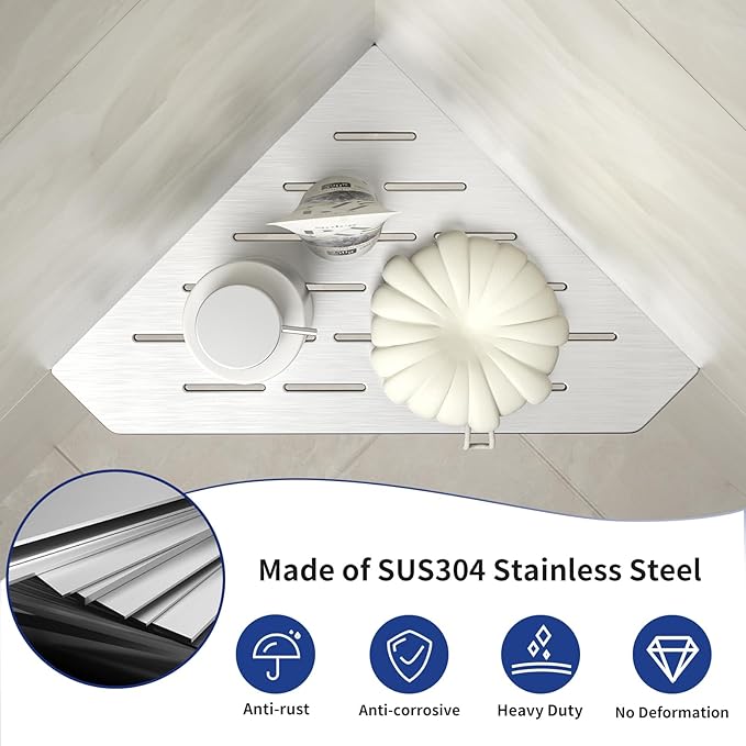 Corner Shower Shelf 10" Brushed 304 Stainless Steel Pentagonal Heavy Duty Floating Corner Shelf Slot Design Recessed Bathroom Shelf for Tiled Wall, No Drilling Needed