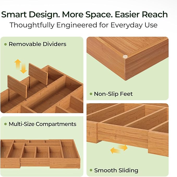 Carbonized Bamboo Kitchen Drawer Organizer, 10 Slots Expandable Silverware Organizer, Utensil Holder & Cutlery Tray, 2.2" Deep for Extra Capacity, Non-Slip Feet Included