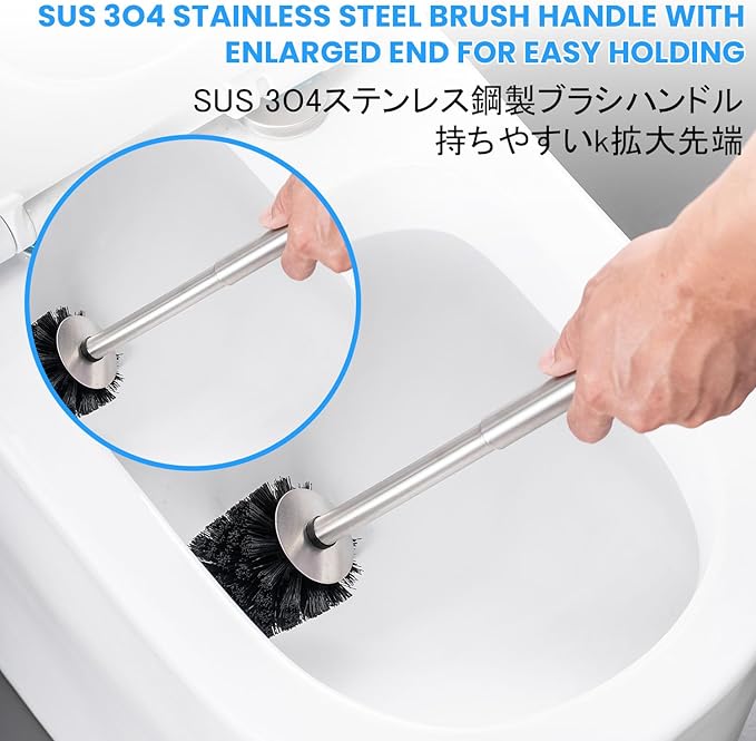 Toilet Brush and Holder Case Coated Metal Case and Stainless Steel Handle Toilet Cleaning Brush Double Layer Holder Long Brush Handle High Density Bristles Toilet Bowl Brushes Grey