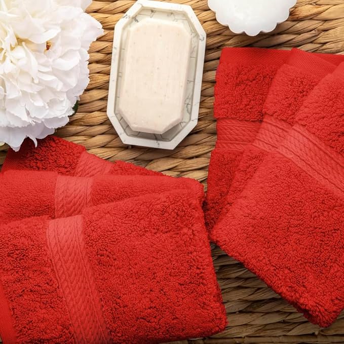 Superior Egyptian Cotton Pile Face Towel/Washcloth Set of 6, Ultra Soft Luxury Towels, Thick Plush Essentials, Absorbent Heavyweight, Guest Bath, Hotel, Spa, Home Bathroom, Shower Basics, Red