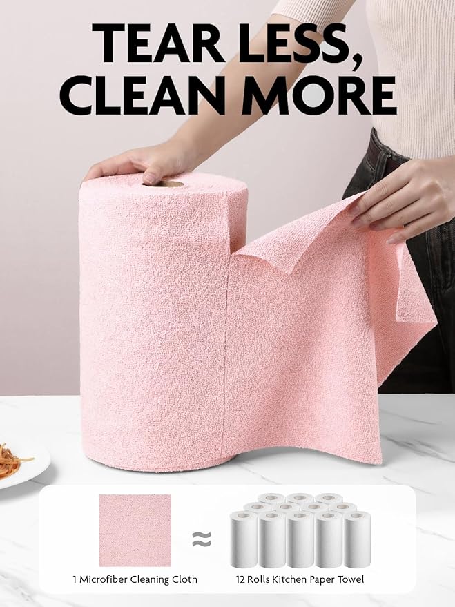 Fantasticlean Microfiber Cleaning Cloth Roll -150 Pack, Tear Away Microfiber Towels, 12" x 12", Reusable, Washable, Ultra Absorbent Dishcloth for Home Supplies, Car, Pet, Kitchen (2 Rolls of Pink)