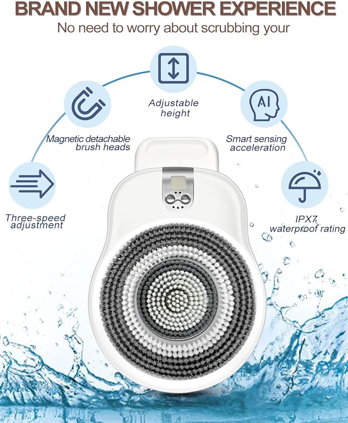 Electric Shower Brush for Body -Wall Mounted Back Scrubber for Shower – Exfoliating Soft Bristles, Hands-Free Wall-Mounted Design, Back Scrubber for Shower, Perfect for Men and Women, Easy to Install