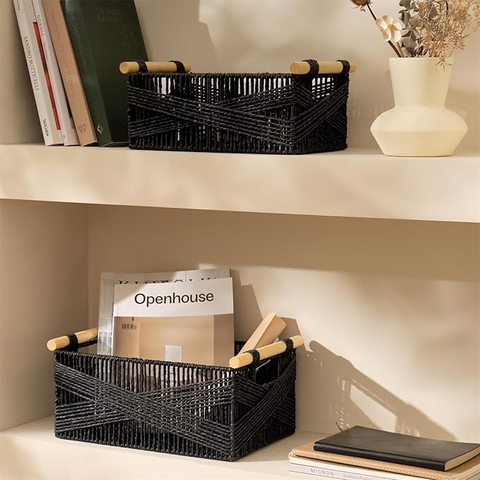 LA JOLIE MUSE Wicker Storage Baskets for Organizing, Recyclable Paper Rope Basket with Wood Handles, Decorative Hand Woven Basket Organizers for Makeup Books Shelves Living Room, Black, Set of 2