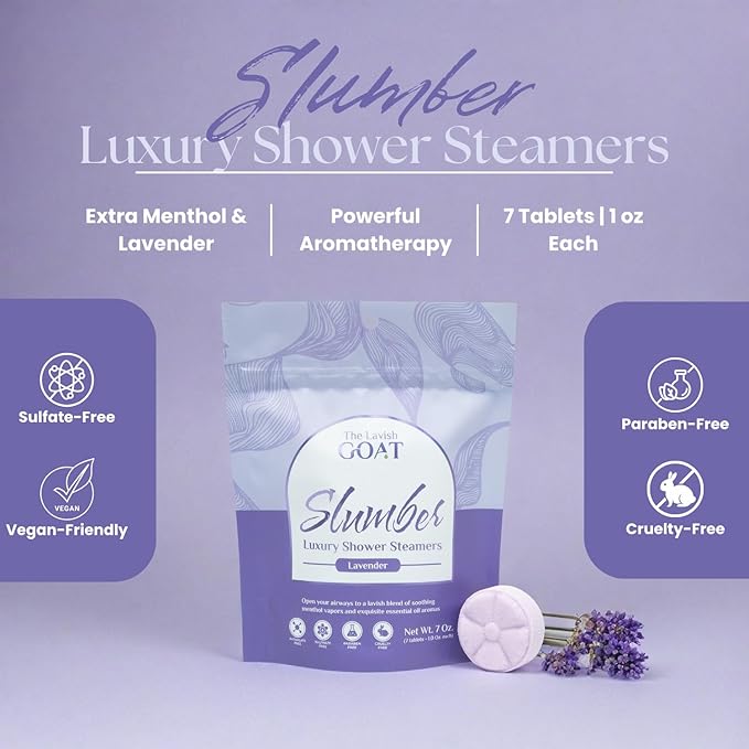 TLG Slumbers Shower Steamers Aromatherapy 7 Pack – USA Made with Extra Menthol, Lavender Essential Oil – Relaxing Shower Bombs for Sleep, Stress Relief & Spa – Gift for Men & Women