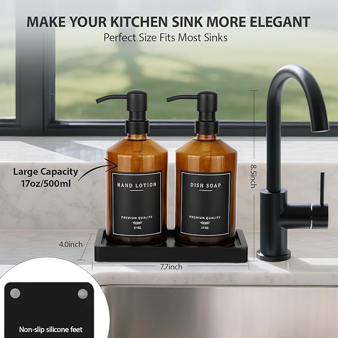 Amber Glass Soap Dispenser, Bathroom Hand Soap Dispensers with Stainless Pump, 17 Oz Kitchen Hand and Dish Soap Dispenser Set, Modern Liquid Soap Lotion Dispenser (Amber Bottle/Black Pump)