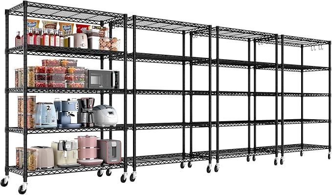 PrimeZone 4 Packs 36" W x 16" D x 79" H Wire Storage Shelves with Wheels, 5 Tier NSF Certified Heavy Duty Adjustable Kitchen Shelving Unit, Pantry Organizer Rack Rolling Metal Shelf for Garage Closet