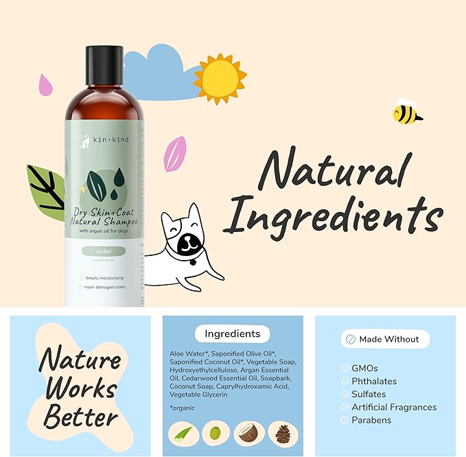 kin+kind Organic Dog Shampoo Itchy Skin Relief – Natural Dog Shampoo for Dry, Sensitive Skin – Moisturizing Formula with Coconut Oil, Olive Oil & Cedarwood – Grooming Supplies – Made in USA 12 fl oz