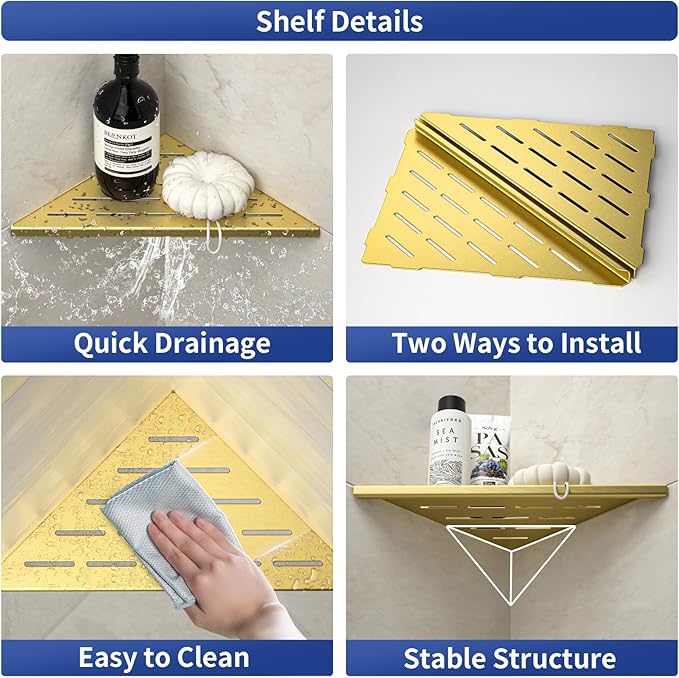 Corner Shower Shelf, 304 Stainless Steel Bathroom Shelf for Tiled Wall, Grout in Shelves (Gold, 10"-2 Pack)