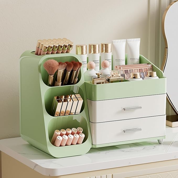 Makeup Organizer with Drawers for Vanity,Spacious Cosmetic Display Case,Perfect Storage Solution for Your Beauty Essential (Green and Cream)