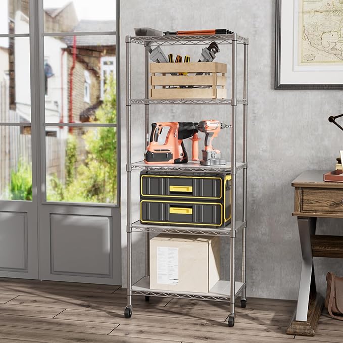 SINGAYE 5 Shelves Storage Shelf Wire Closet Bathroom Organizers Metal Pantry Kitchen Garage Shelving Unit Laundry Room Organization Home Rack Net Basket White with Wheels