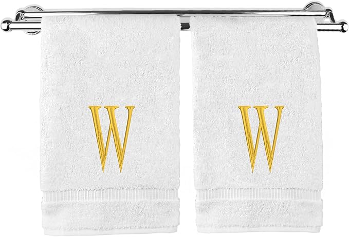 Monogrammed Hand Towel, Personalized Initial Gift, Extra Absorbent 100% Turkish Cotton - Soft Terry Finish - Set of 2 - Gold Block Initial W - Embroidered on White Towels