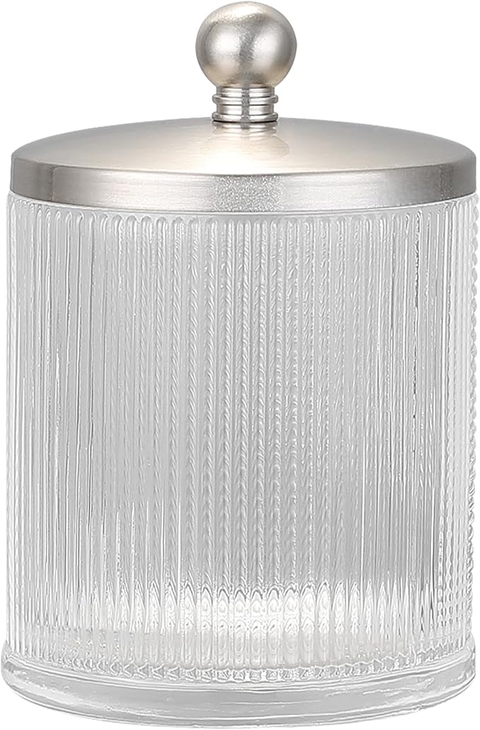 Clear Transparent Apothecary Ribbed Geometric Etched Glass Jar W/Satin Nickel Metal Lid for Bathroom Organization, Cotton Balls, Q Tips, and Small Accessories, Bathroom Storage