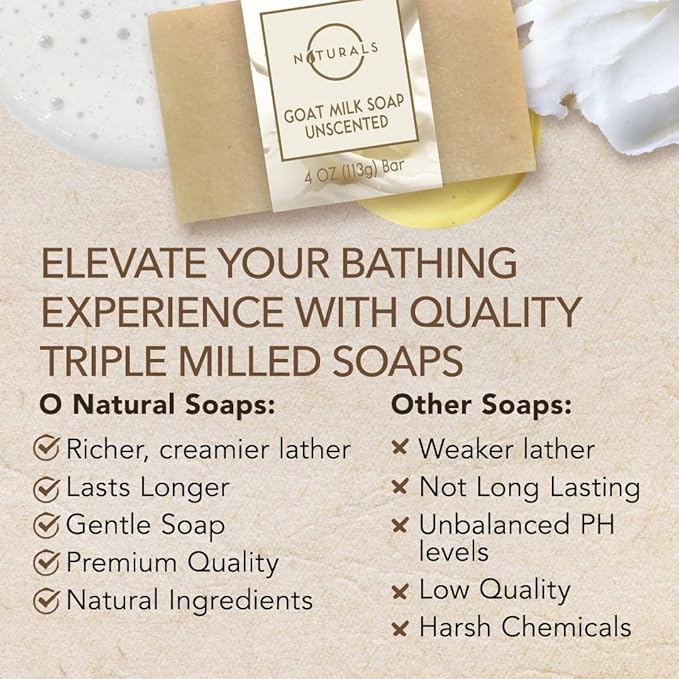 O Naturals 3-Pcs Goat Milk Soap with Soap Saver Bag - Unscented, Triple-Milled, Nourishing, for Sensitive Skin
