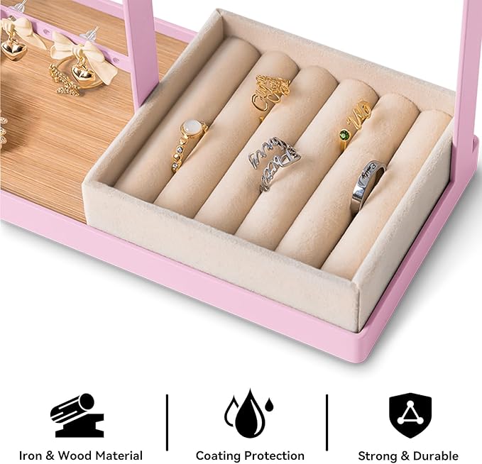 DreamGenius Jewelry Organizer Stand with Velvet Ring Holder, 4 Tier Jewelry Holder Organizer with 15 Hooks for Necklaces and 16 Holes for Earrings, Pink