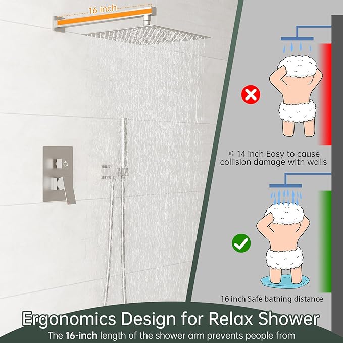 Hoimpro 12 Inch Shower System Set Bathroom Rain Shower Head Brass 2 In 1 Handheld Sprayer Wall Mounted, Rainfall Shower Faucet Spray Fixture Valve Kits Combo Showerhead, Brushed Nickel