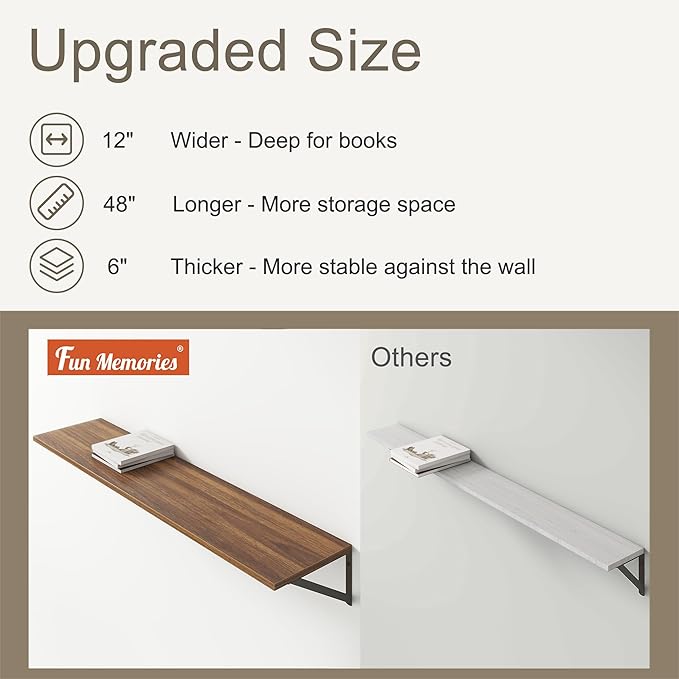 12 Inch Deep Floating Shelves,48W x 12D Floating Shelves, Deep Wall Shelves Bracket Set of 2, Large Display Floating Shelf for Bathroom, Living Room, Wide Storage Wooden Wall Shelf, Walnut