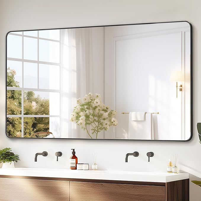Delma Bathroom Vanity Mirror, Black Framed Bathroom Mirror for Over Sink, High-Definition Bathroom Mirror, Versatile Bathroom Vanity Mirror, Hangs Horizontally or Vertically(55x30, Black)