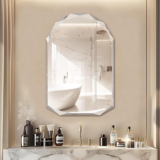 Bathroom Mirror for Wall, 24" x 36" Arched Mirror, Bathroom Vanity Mirror, Beveled Edge Frameless Wall Mount Vanity Mirrors, Wall Mirrors Decorative, Irregular Beveled Edge Mirror
