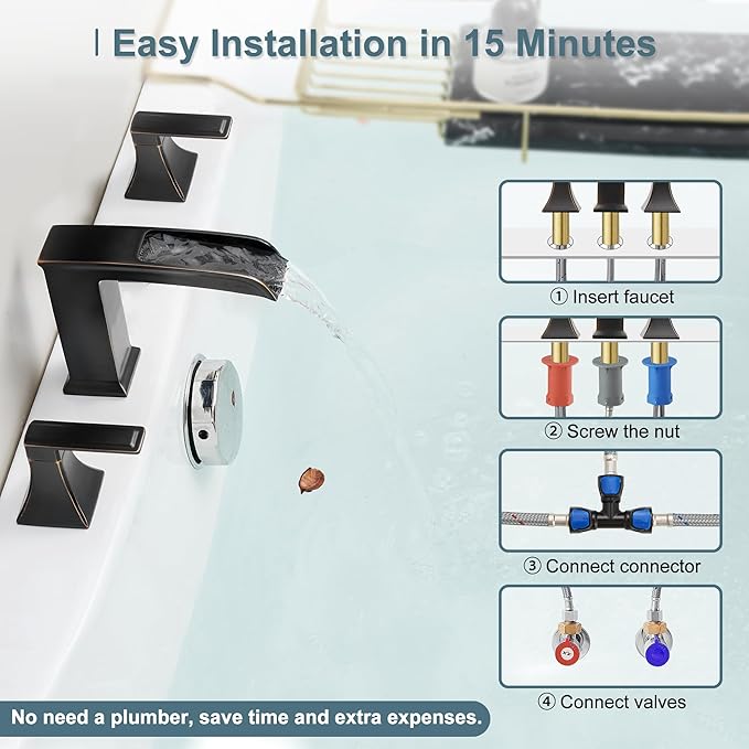 Waterfall Roman Tub Faucet, Solid Brass Oil Rubbed Bronze Bathtub Faucet, High Flow Deck Mount Tub Faucet Set, 3 Hole Widespread Bathtub Faucets with 2 Handles No Leaks 15 Mins to Install
