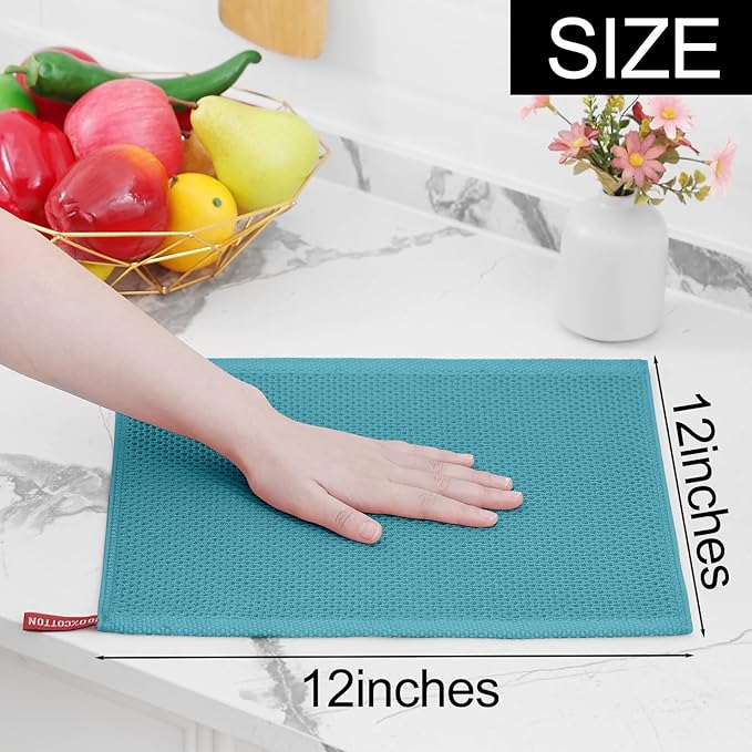 Homaxy 100% Cotton Waffle Weave Kitchen Dish Cloths, Ultra Soft Absorbent Quick Drying Dish Towels, 12 x 12 Inches, 12-Pack, Lake Blue