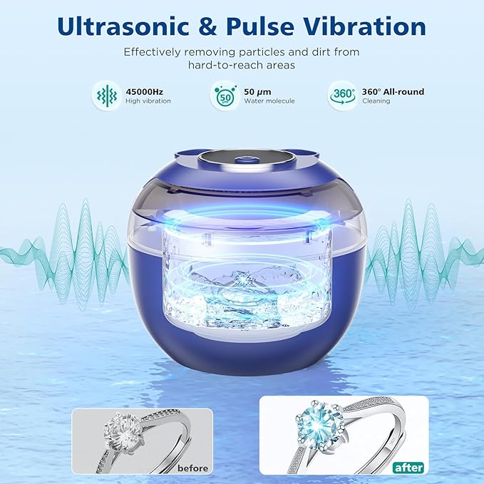 45kHz Ultrasonic Retainer Cleaner Machine, 200ML Denture Cleaner, 4 Modes with Digital Timer Mouth Guard Cleaner for Aligner, Night Guard, Braces, Toothbrush, Jewelry and More (Navy Blue)