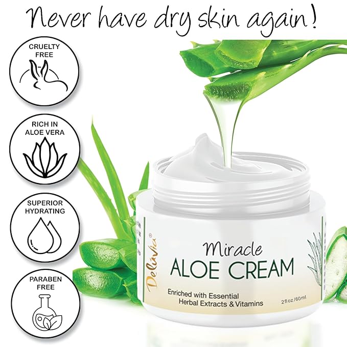 Deluvia Miracle Aloe Cream | Face & Body Moisturizer with Vitamin E & Organic Aloe Vera | Hydrating, Soothing for Dry Skin | Psoriasis, Eczema - 2 oz Compact Travel Size