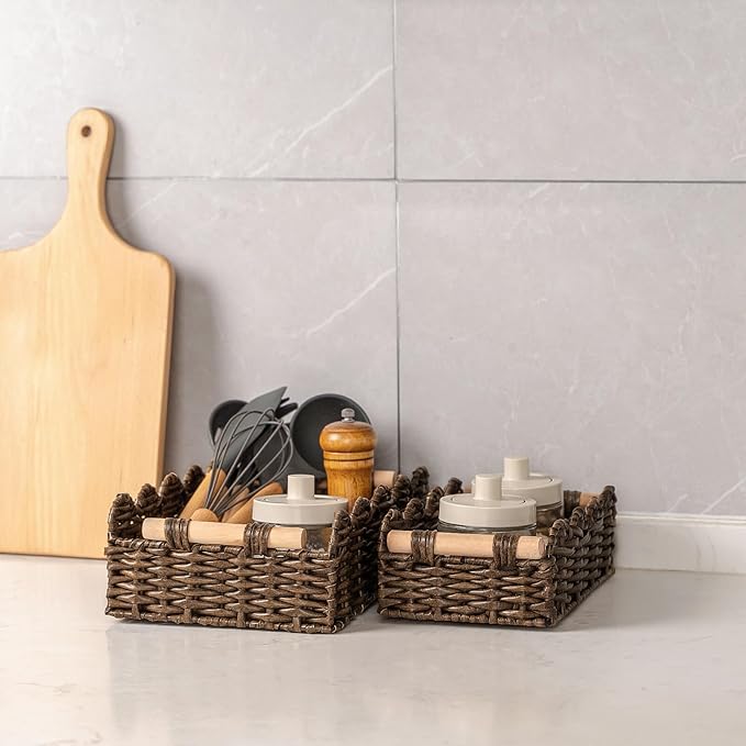 CubesLand PP Wicker Scalloped Edge Floating Shelves Baskets Set 2, Toilet Basket for Over Toilet Storage Shelf, Ending Table, Nightstand Organizing and Home Décor, Rattan Basket Come with Wood Handle