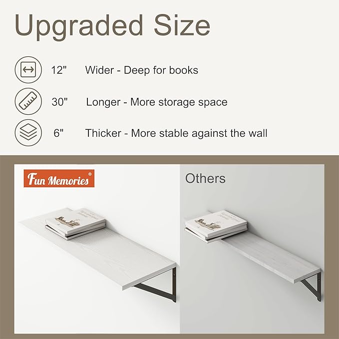 12 Inch Deep Floating Shelves, 30W x 12D Wall Shelves with Brackets, White Floating Shelves 30 Inch Long, Rustic Wood Wall Shelf, Wide Storage Display Shelf for Kitchek, Living Room, Bathroom
