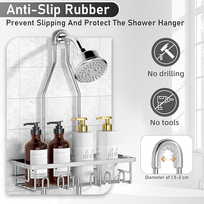 Shower Caddy,Rustproof Shower Shelves Over Shower Head,Triple Adjustable Storage,Silver