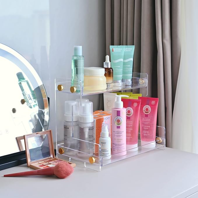 FFK Bathroom Organizer Countertop 2-Tier Storage：Bathroom Counter Organizer Acrylic Standing Holder Cosmetic Storage Perfume Shelf for Bathroom Bedroom Dressing Table1