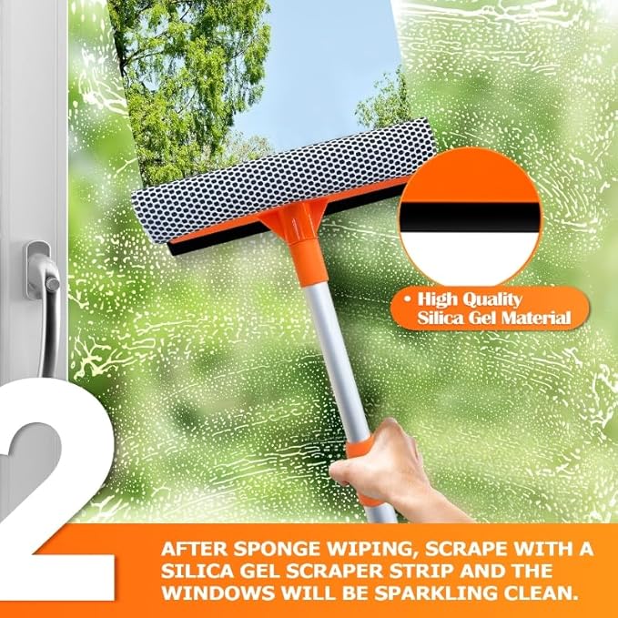 Squeegee for Window | 2-in-1 Window Cleaner Sponge and Soft Rubber Strip with Telescopic Extension Pole 18”-29” | Window Washer for Shower, Car Windshield, Mirror, Glass Cleaning