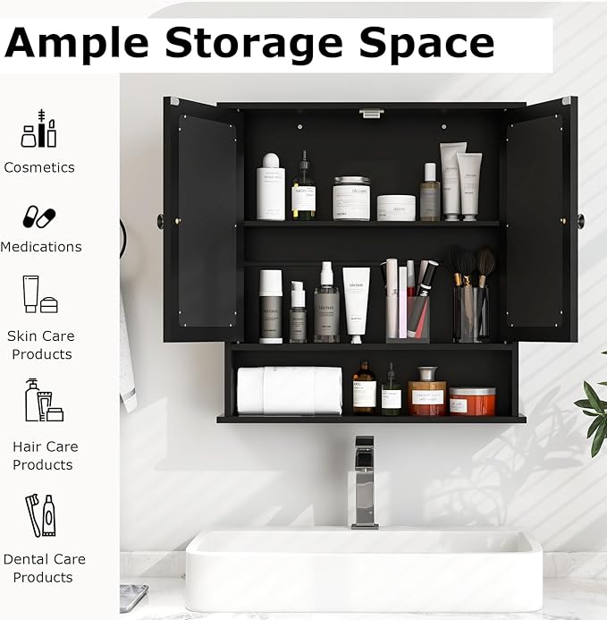 Tangkula Bathroom Medicine Cabinet with Mirror, Wall Mounted Wooden Hanging Organizer with Doors and Shelves, Bathroom Wall Mirror Cabinet (Mirror Doors, Black)