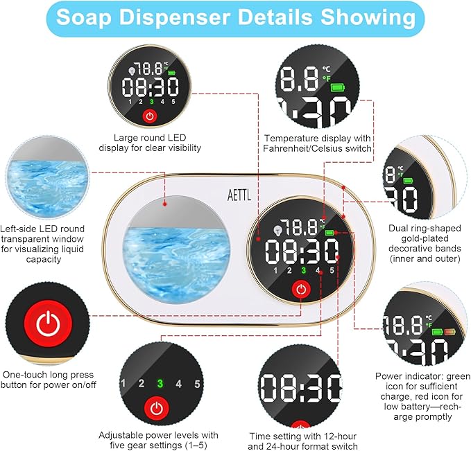 Touchless Automatic Foaming Hand Soap Dispenser Wall Mount,Kitchen Bathroom,Modern Smart Home,USB Type-C Rechargeable,Long Battery Life,Time and Temperature Display,5-Level Adjustable,10.8 oz